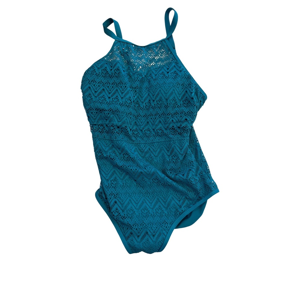 Holipick Teal Blue Crochet Lace High Neck One Piece Swimsuit Size M
